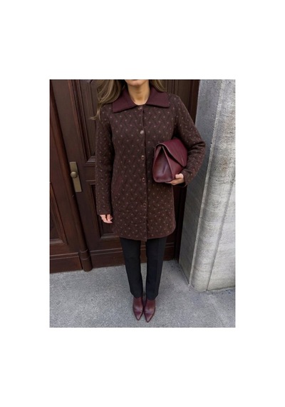 Onno Style Women Desenli Çelik Örgü Uzun Triko Kadın Kaban Bordo