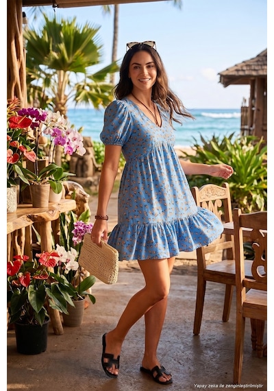 Lela Regular Fit V Yaka Balon Kol Desenli Mini Bayan Elbise 67810045 Mavi