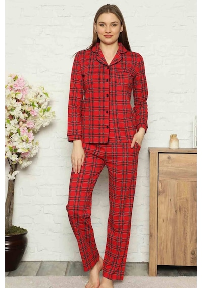 Farya Home Dreamy Ekoseli Pamuklu Biyeli Uzun Kollu Gömlek Pijama Takımı Kırmızı Ekose Kırmızı