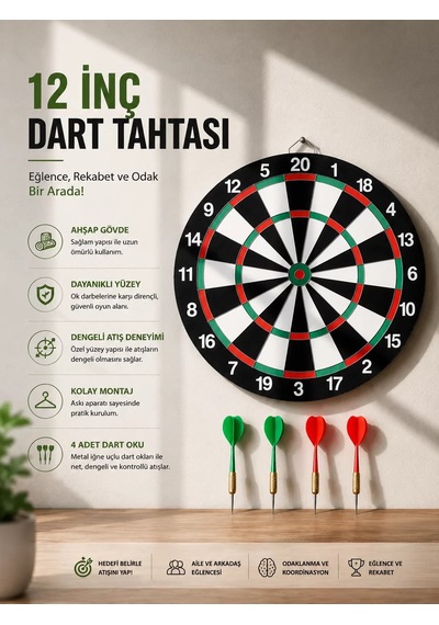 Northcity 12 İnç Ahşap Dart Tahtası 4 Adet Metal Uçlu Dart Oku Dahil