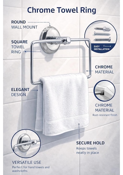 Kare Krom Havlu Halkası Duvara Monte, Parlak Krom Kaplama Metal Banyo Havluluğu, Modern Tasarım Kare Havlu Askılığ Diğer