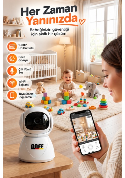 Smart-6202 1080p Full Hd Wifi Bebek Kamerası 2mp Gece Görüşlü Mikrofonlu Hareket Algılamalı Tuya Smart Akıllı Kamera Beyaz