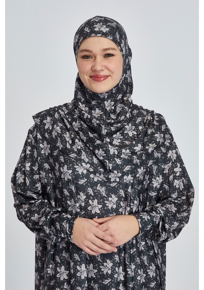 Manolyaşal İslamic Hijab Pratik Tek Parça Manolya Desenli Namaz Elbisesi Koyu Siyah