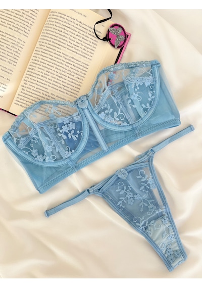 Arinda Candice Mavi Çiçek Desenli Brode İşlemeli Tek Renk Balenli Kapsız Askıları Çıkarılabilir Bralette Sütyen Tanga Alt Üst İç Çamaşırı Takımı 2 Parça Arinda Candice Mavi Çiçek Desenli Brode İşlemeli Tek Renk Balenli Kapsız Askıları Çıkarılabilir Bralette Sütyen Tanga Alt Üst İç Çamaşırı Takımı 2 Parça
