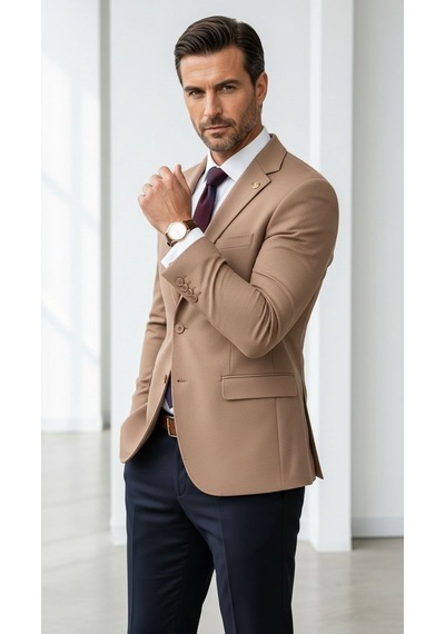 Plus Scorpion Erkek Slim Fit Çift Düğme Çift Yırtmaçlı Blazer Ceket Premium Dokulu Kumaş Taba