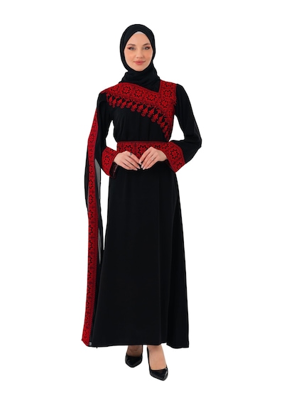 Zaytoon Eğimli Omuz Uzun Ve Açık Kollu Filistin Nakışlı Elbise M-3xl C100050 Siyah
