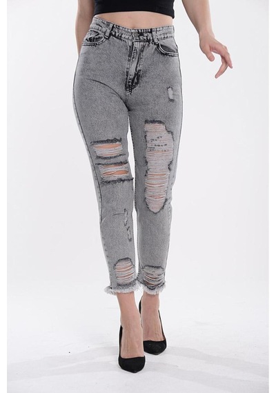 Shevega Kadın Bacak Lazer Yirtik Kar Siyah Mom Jeans Siyah