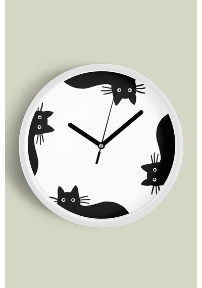 Kedi Tasarım Modern Duvar Saati - 25cm - Önü Camlı Beyaz Kasa - Sessiz Mekanizma-jh0610 Beyaz