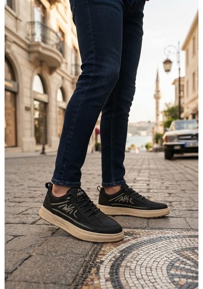 Fort Kelvın Noka Rahat Hafif Lastik Bağcıklı Keten Sneaker Erkek Ayakkabı Siyah