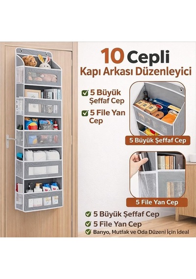 Valkyrie Kapı Arkası Organizer 5 Cepli Askılı Dolap Düzenleyici Çok Amaçlı Kapı Arkası Raf 20kg Taşıma Gri Çok Renkli