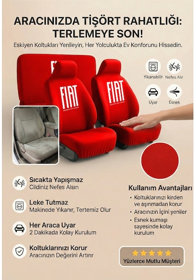 Fiat / Tofaş Doğan İle Uyumlu Pratik Oto Koltuk Kılıfı 4 Parça Set Kırmızı