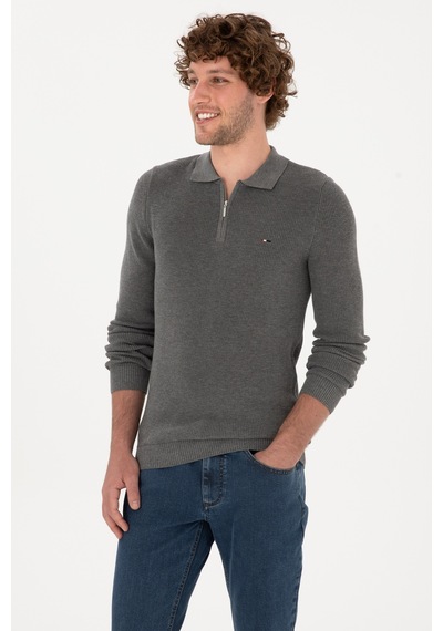 U.S. Polo Assn. Erkek Regular Fit Fermuarlı Gri Melanj Basic Kazak 50313685-VR086