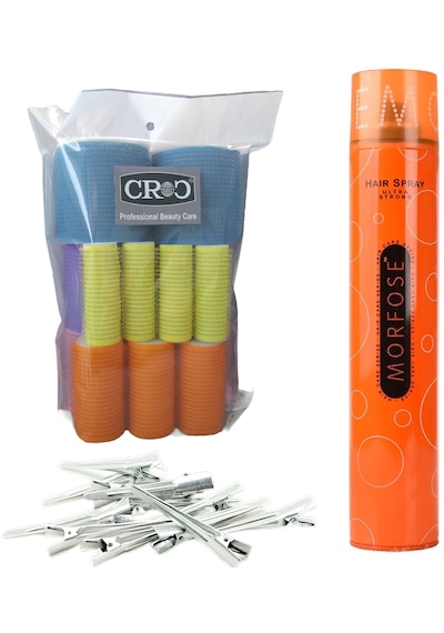 Croc Cırtlı Sünger Bigudi 14lü Karma Paket + Saç Spreyi + Saç Pensi