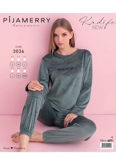 Pijamerry Kadın Kışlık Bisiklet Yaka Kadife Pijama Takımı 3036sy - 1 Adet Yeşil