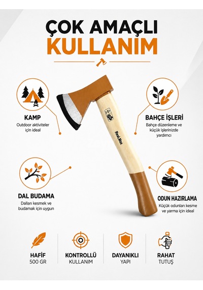 500 Gr Ahşap Saplı Balta Kamp Bahçe Odun Kesme Ve Budama Baltası