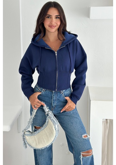 Kadın Siyah Fermuarlı Hoodie Minimal Sokak Ruhuyla Lacivert
