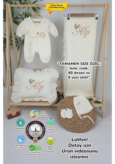 Gros Shop Müslin Yeni Doğan 4katlı Organik %100pamuk Kişiye Özgü Nakışlı Hastane Çıkış Seti İki Dallı Model-4 Ekru-1