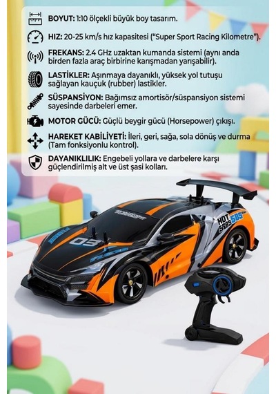 Uzaktan Kumandalı 5 Fonksiyonlu 1:10 Ölçekli Dev 2.4ghz Kauçuk Lastikli Büyük Oyuncak Yarış Arabası Turuncu