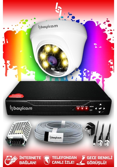 Bayicam 1 Kameralı Dome 1 İç Kamera Set HDD'siz Full HD Renkli Gece Görüşlü Güvenlik Kamerası Sistemi