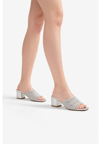 Tual Shoes Kadın Silver Örgü Detaylı Topuklu Terlik Gümüş