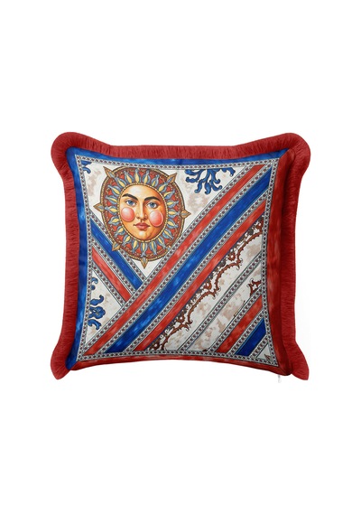 Güneş Figürlü Lüks Saçaklı Yastık Kılıfı - Klasik Akdeniz Retro Kırmızı Mavi Püsküllü Kırlent Kılıfı Taş Yanık Turuncu