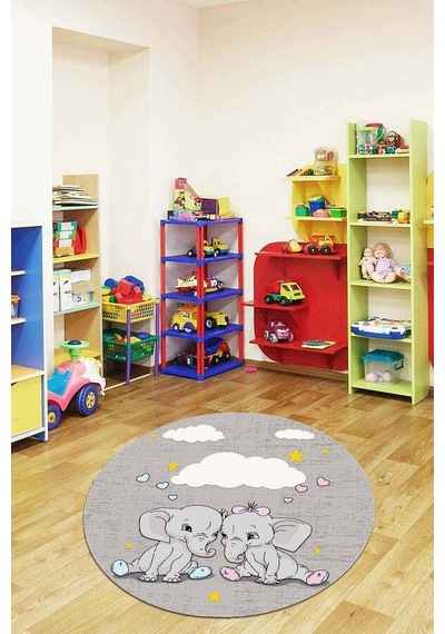 Gri Kaymaz Tabanlı Fil Desenli Yuvarlak Bebek Halısı Ar1346n11