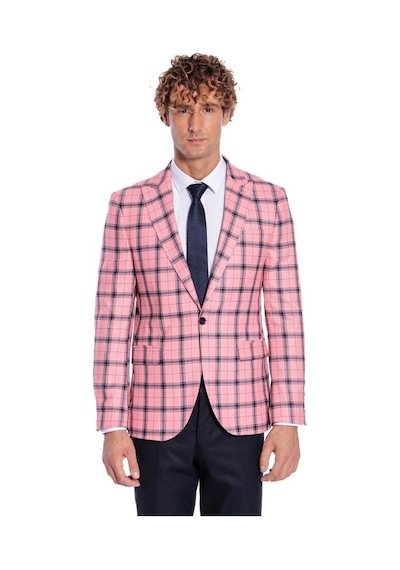 Wessi Ekose Desenli Slim Fit Pembe Erkek Ceket 001