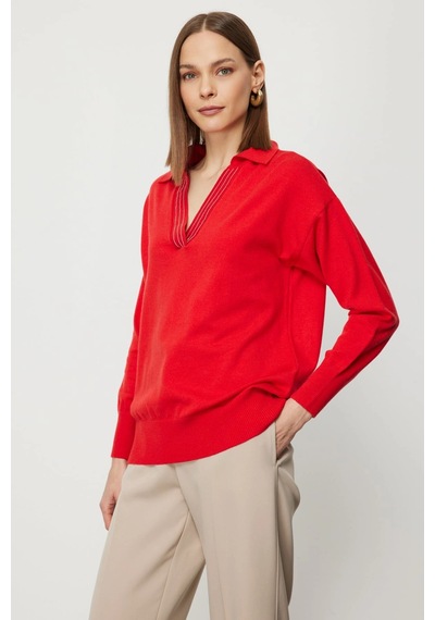 On Fashion Kadın Yakası Zincirli Polo Yaka Kırmızı Kazak 66336 Kırmızı