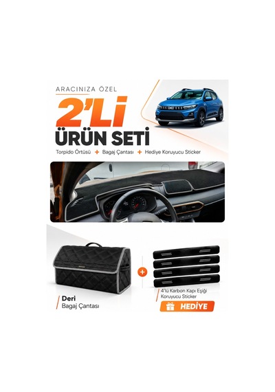 Dacıa Sandero 2022-2026 Ekransız Uyumlu Torpido Örtüsü + Deri Bagaj Çantası + Sticker - Siyah Gri