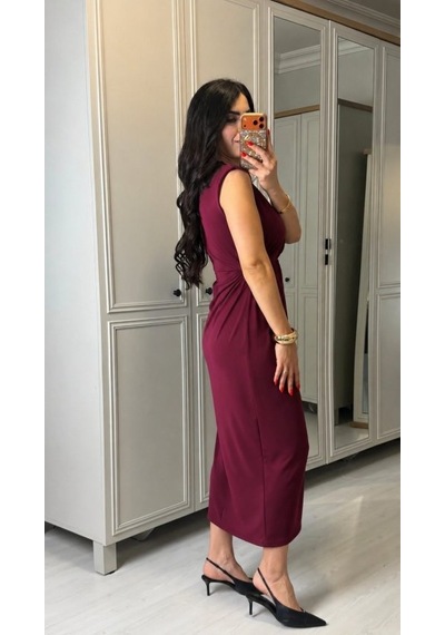 De'charme Kadın Kısa Kollu V Yakalı Önü Sarmal Detaylı Yırtmaçlı Sandy Midi Elbise Bordo