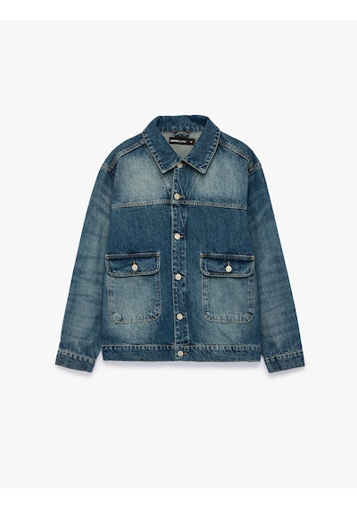 Koton Pamuklu Uzun Kollu Düğmeli Kapaklı Cepli Gömlek Yaka Oversize Jean Ceket Orta İndigo 7wam50045nd