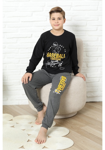 Modanino Erkek Çocuk Pijama Takımı %100 Pamuk İnterlok Kumaş 12447 Siyah