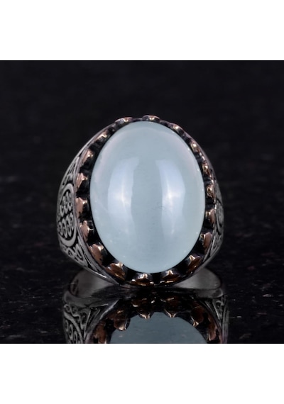 925 Ayar Katı Gümüş Erkek Yüzük - Doğal Taşlarla El Yapımı Şıklık Cabochon Akuamarin Taşı Gümüş