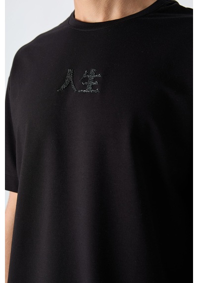 Tommy Life Siyah Pamuklu Kalın Yumuşak Dokulu Oversize Fit Baskılı Erkek T-shirt - 88342 Siyah