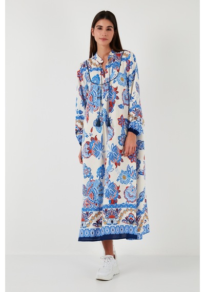 Lela Modest Desenli Regular Fit Bağlamalı V Yaka Maxi Bayan Elbise 611El510 Lacivert