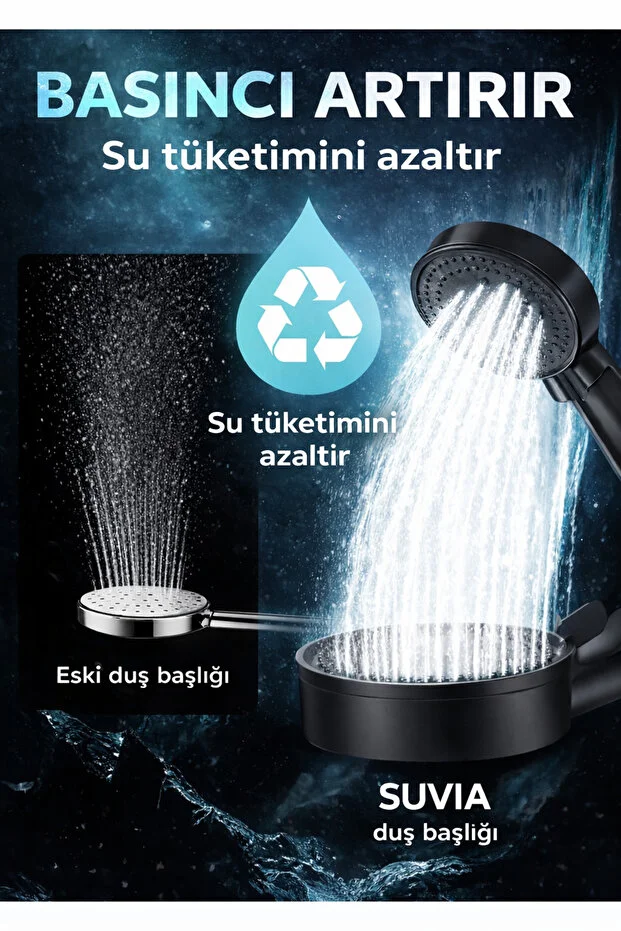 Duş Başlığı Seti Siyah 5 Fonksiyonlu Hortumlu Mafsal Tutuculu