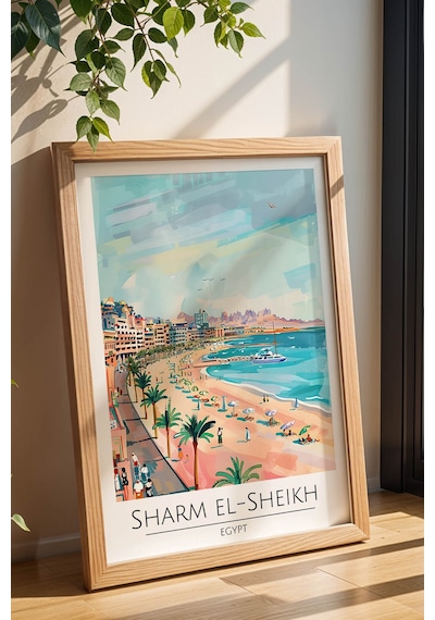 Mısır Sharm El-sheikh Temalı Çerçeveli Tablo Travel Serisi Modern İllüstrasyon Duvar Dekoru Kayın