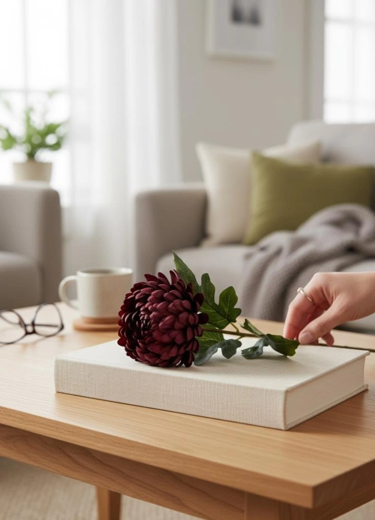 Yapay Çiçek Krizantem Bordo 90cm Tek Dal Kumaş Çiçek Uzun Dal Bordo