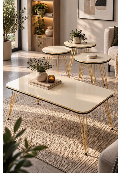 Sulorahome Gold Tel Ayaklı 4'lü Sehpa Seti Krem