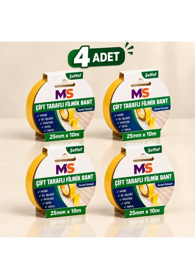 4 Adet Çift Taraflı Filmik Şeffaf Bant 25 Mm X 10 Metre Yapışkanlı Hobi Bandı El Çok Amaçlı Bantları