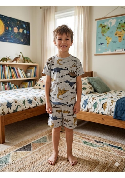 Aliş Kids Erkek Çocuk Pamuklu Gri Dinozor Desenli Kısa Kollu Şortlu Yazlık Pijama Takımı