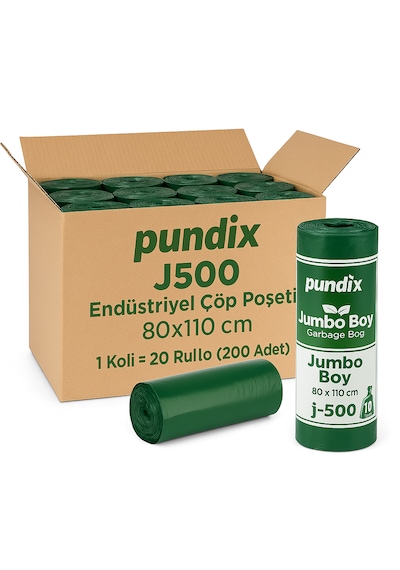 Pundix Pundıx J500 Endüstriyel Çöp Poşeti 80 110 Cm Jumbo Boy Kalın Seri 1 Koli 20 Rulo / 200 Adet Dayanıklı, Sızdırmaz Ve Geniş Hacimli Çöp Torbası