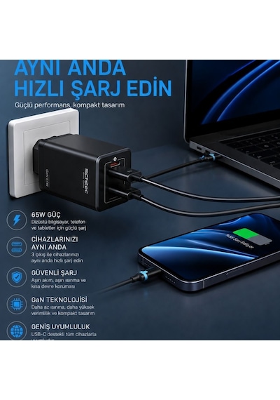 Schitec 65w Gan 3 Çıkışlı 2xtype-c + Usba Qc 3.0 Hızlı Şarj Adaptörü Başlığı Hg/ta-56eu Siyah