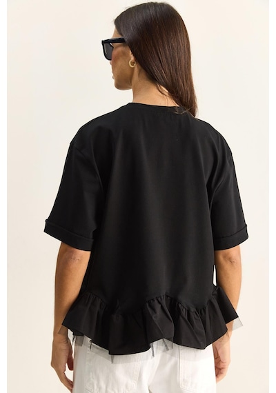 Shade Kadın Tül Detaylı Volanlı Oversize Basic T-shirt 8789 60286165 - Siyah