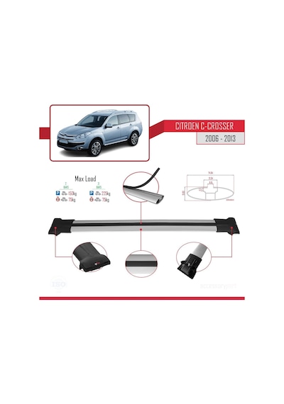 Citroen C-crosser 2006-2013 Arası İle Uyumlu Fly Model Ara Atkı Tavan Barı Gri