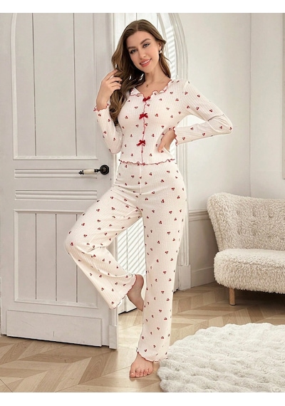 Bella Notte Pamuklu Kiraz Desenli Mevsimlik Pijama Takımı Kırmızı