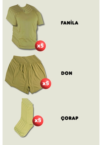 Outdoorun 5'li Askerlik Seti Fanila Don Çorap - Temel Ve Bedelli Askerlik Malzemeleri Haki