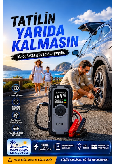 Akü Takviye Lastik Şişirme Pompası Powerbank Led Işıklı Dijital Gösterge Gerçek 8.000 Mah