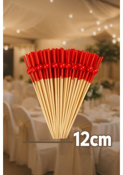 50 Li Kırmızı Top Başlıklı Bambu Kürdan Tatlı, Kanape Ve Kokteyl Sunum Kürdanı