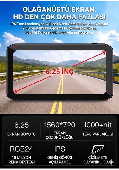 Kör Noktalı 6.25'' Lastik Basınç Sensörlü 2k Full Hd Motosiklet Kayıt Ve Navigasyon Sistemi